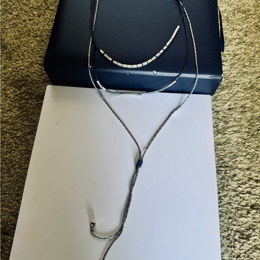 Modern Silver Lariat Necklace w/ Black Cord & Geometric Detailing